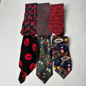 Novelty Print Silk Neckties Lot 6 Teacher Ties Gift Resell Funny‎ Animals Disney
